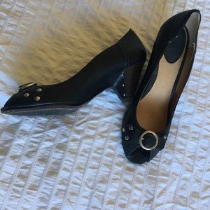 Frye Maya Black Leather Peep Toe Pumps